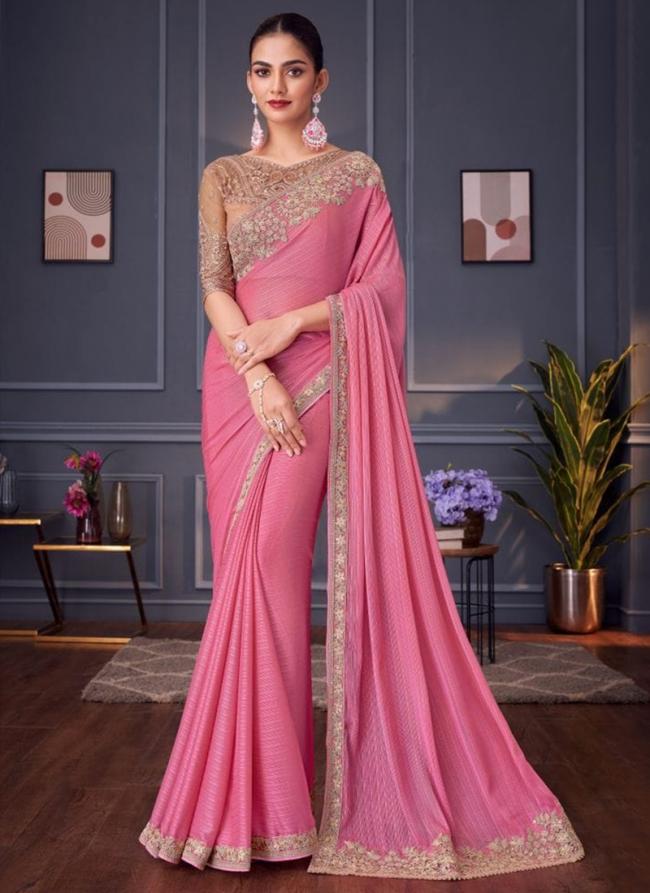 Shimmer Silk Pink Party Wear Embroidery Work Saree